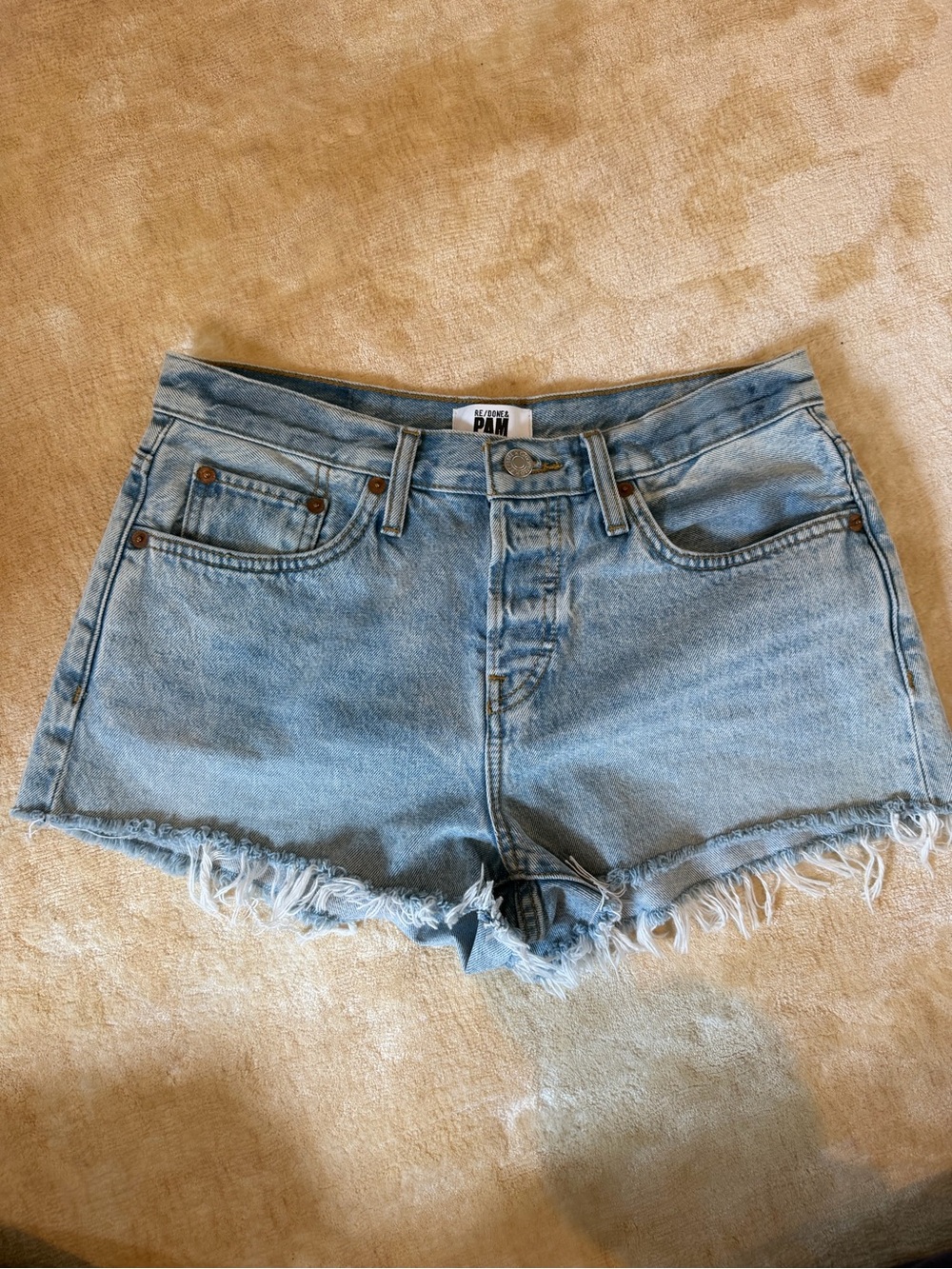 Re/Done Light Blue Frayed Denim Cutoff Shorts